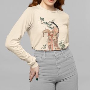 Japanese Princess Vintage Ukyio-e Print Long Sleeve Graphic Tee T-shirt S M L XL